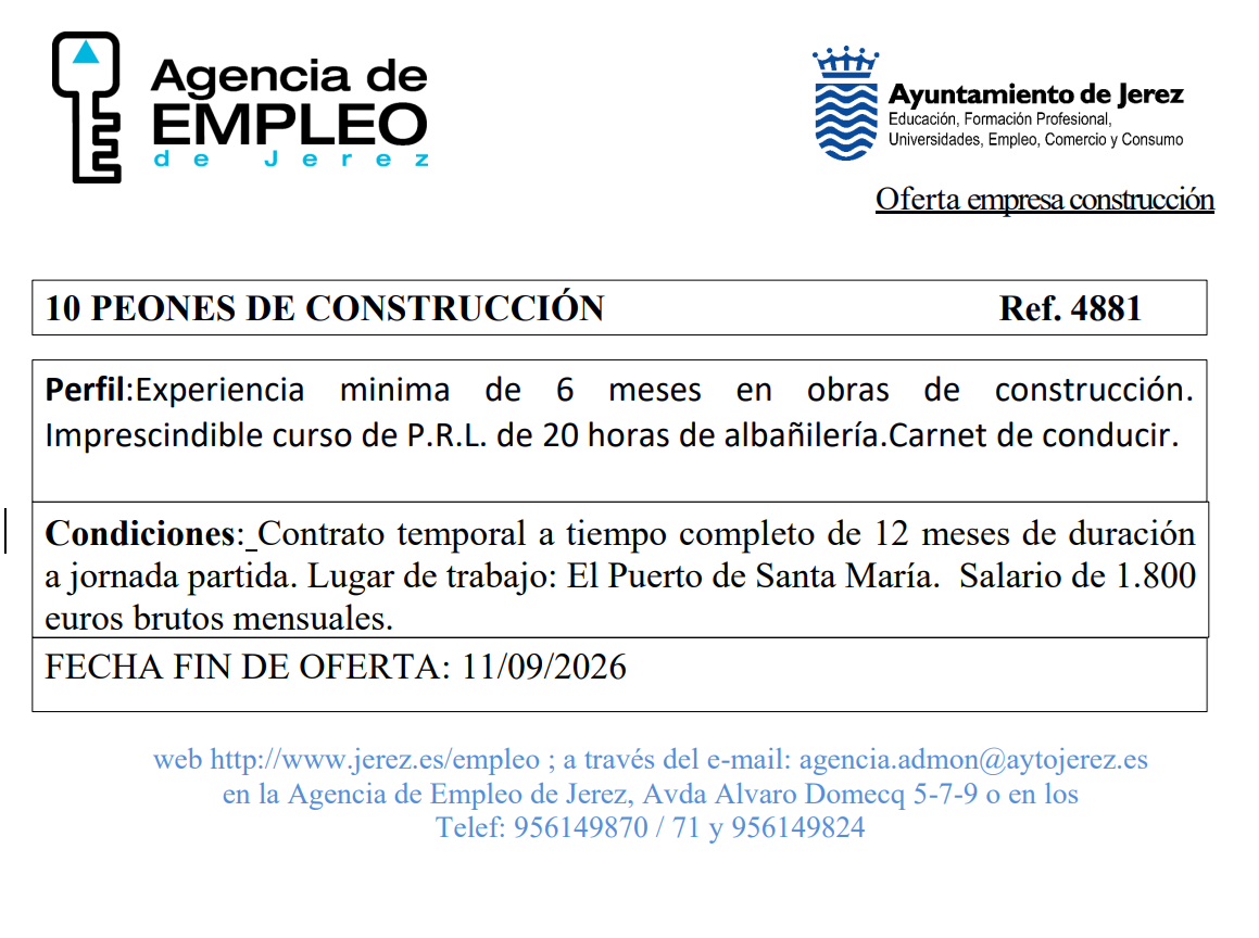 Oferta Agencia Empleo Jerez