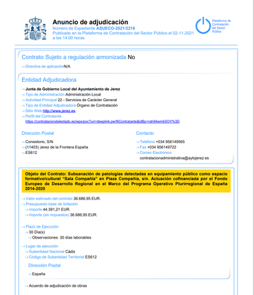 ANUNCIO ADJUDICACIÓN REHABILITACIÓN SALA COMPAÑIA