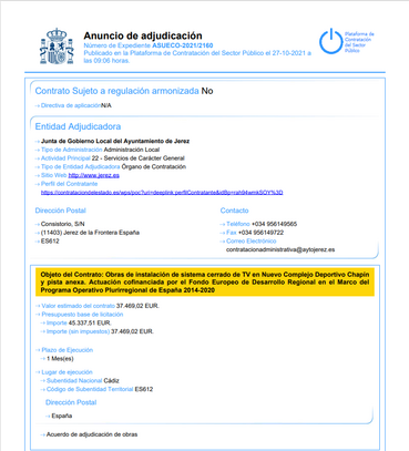 Anuncio Adjudicación Sistema Cerrado TV Complejo Deportivo Chapín