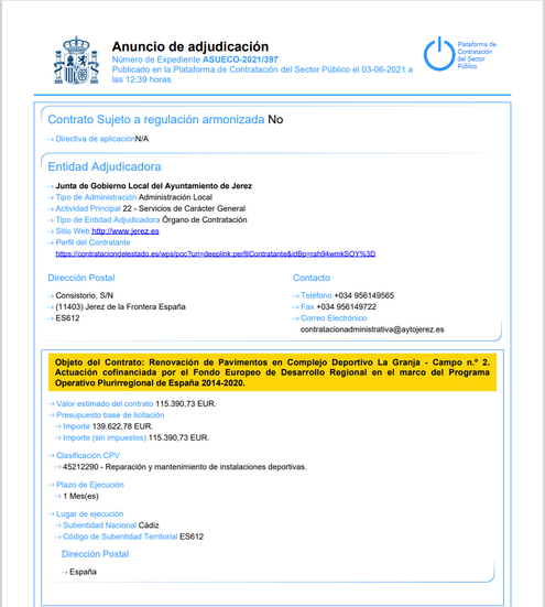 ANUNCIO ADJUDICACIÓN PAVIMENTO LAS GRANJAS