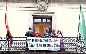 La alcaldesa colocando la bandera conmemorativa