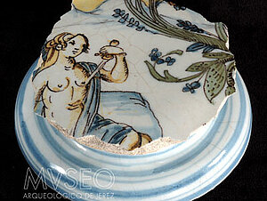 BASE OF ITALIAN FRUIT BOWL DEPICTING LUCRETIA OR DIDO