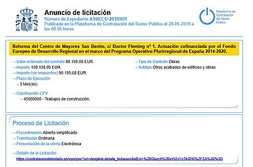 Anuncio de Licitacion Reforma en Centro de Mayores San Benito