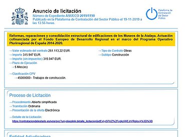 Anuncio Licitación Reformas, reparaciones y consolidación estructural de edificaciones de los Museos de la Atalaya